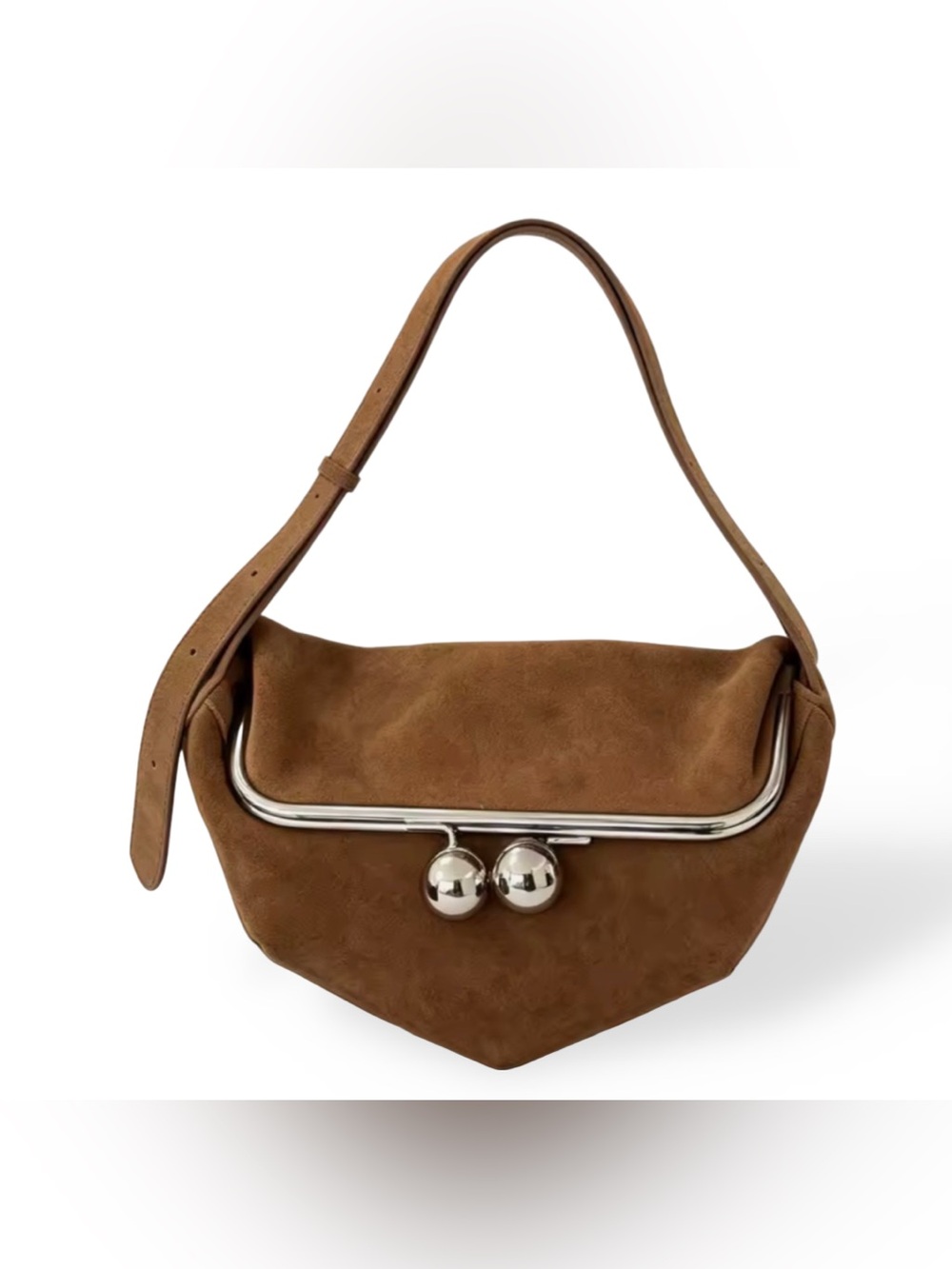 Daim Balles Tan Suede Shoulder Bag with Silver-Tone Frame